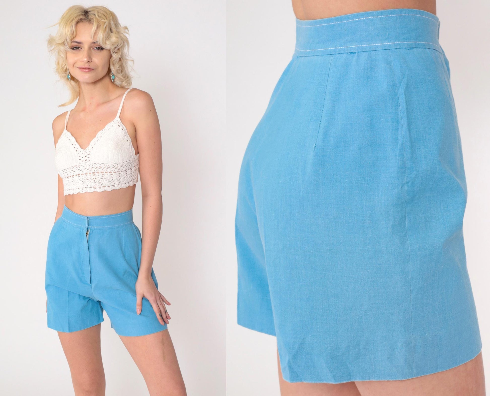 70s High-Waisted Shorts Blue Cotton Blend Hotpants Extra Small XS