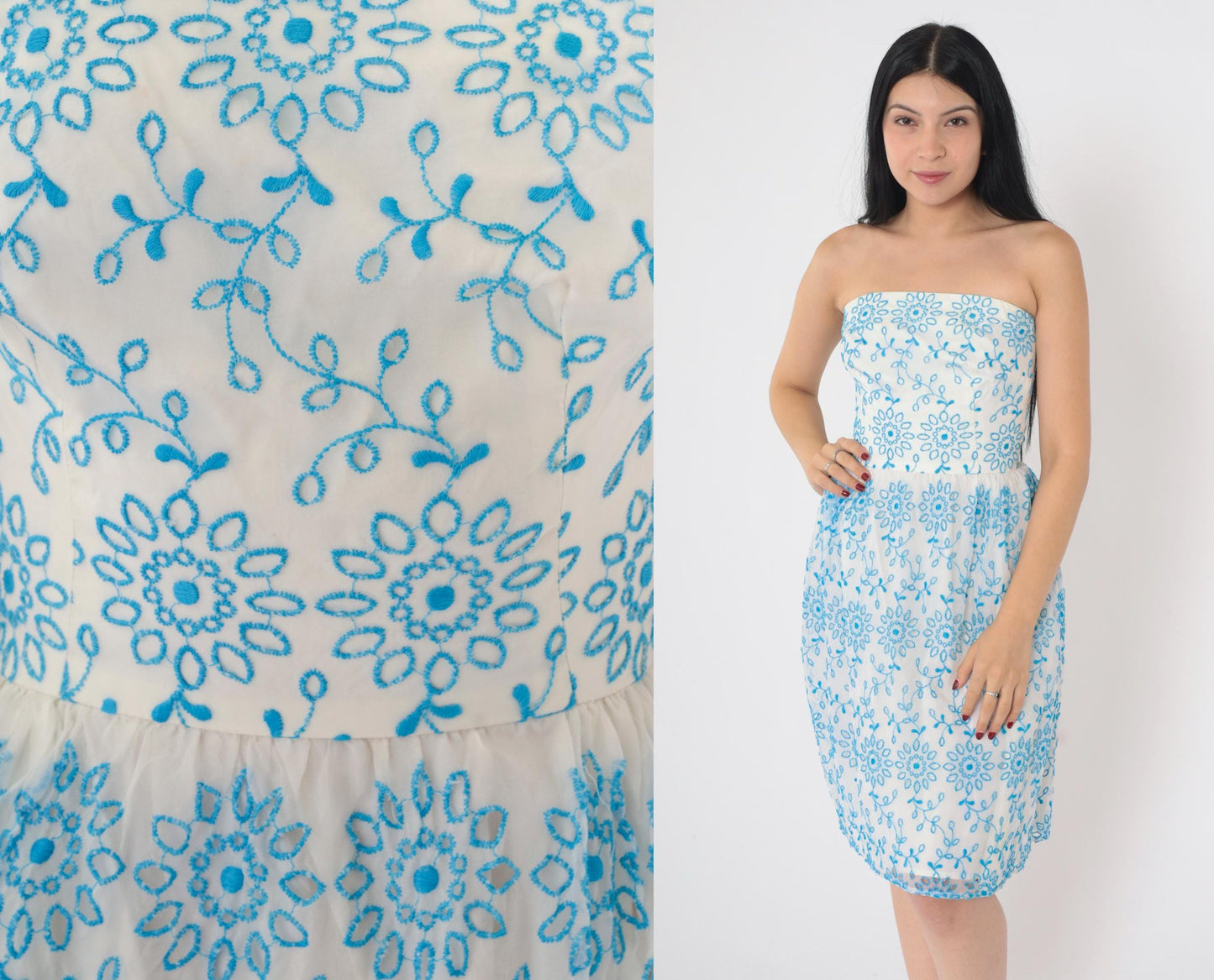 60s Strapless Dress Blue Floral Embroidered White Knee-Length XXS