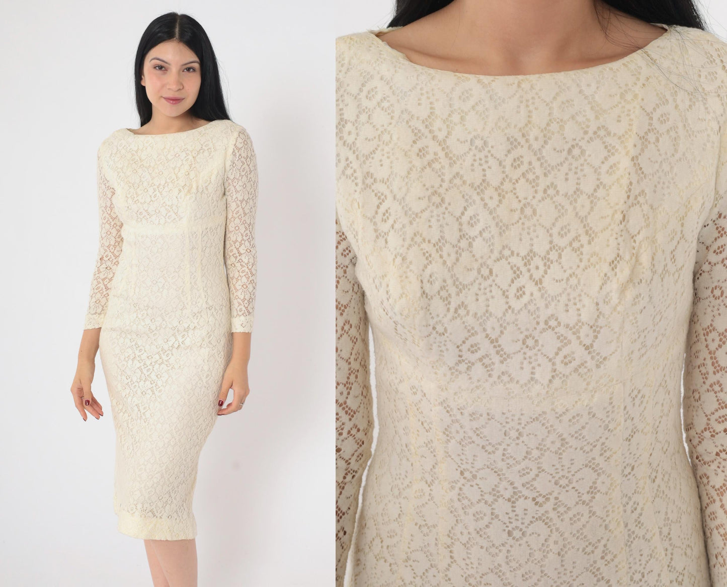 1960s Cream Lace Midi Dress Sheath Sheer Sleeve Cocktail Extra Small