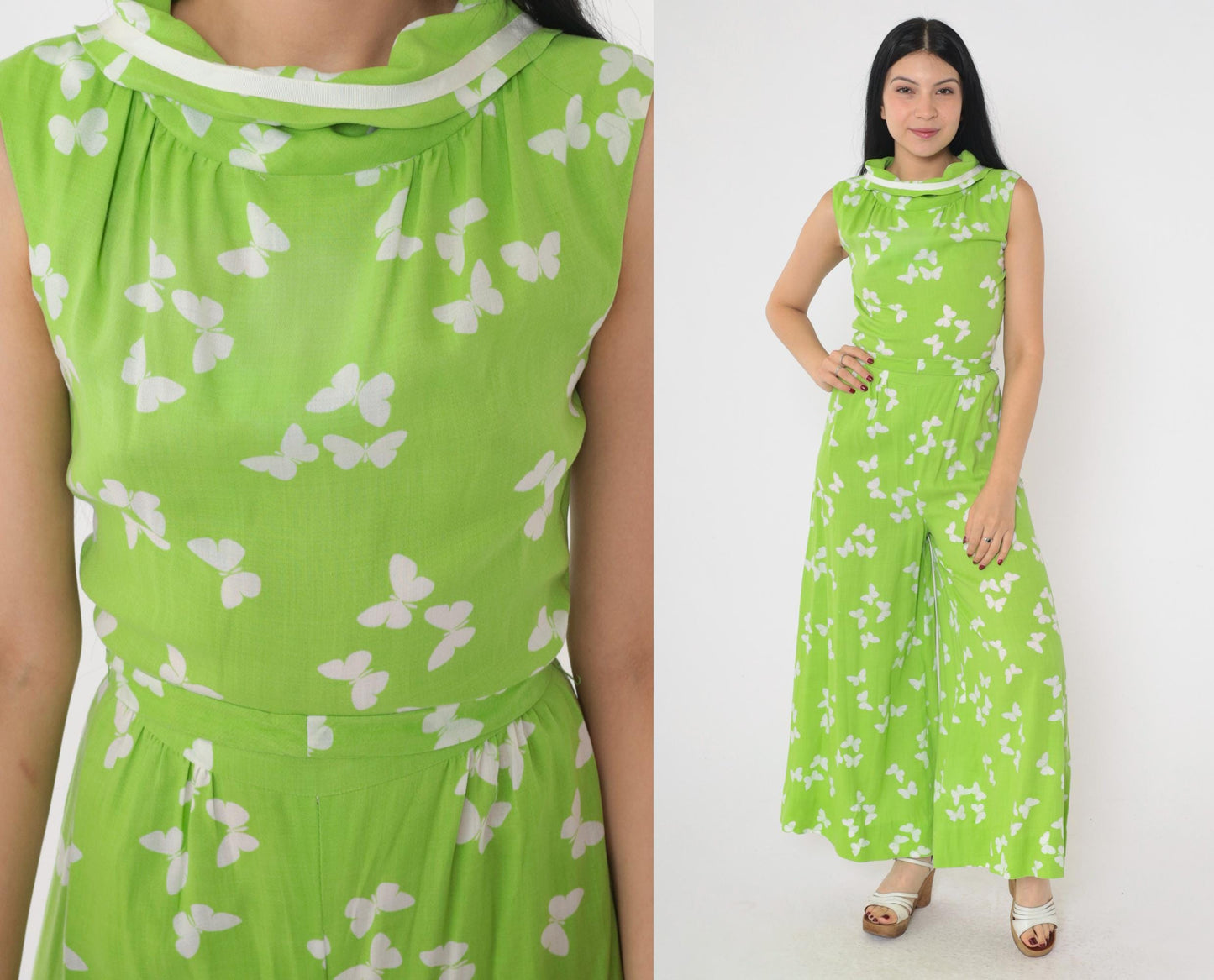 70s Butterfly Jumpsuit Wide Leg Sleeveless Mock Neck Green Small
