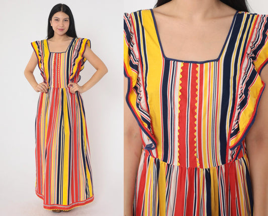 70s Striped Maxi Dress High Waist Ruffled Flutter Sleeve Red Yellow Navy Small Medium