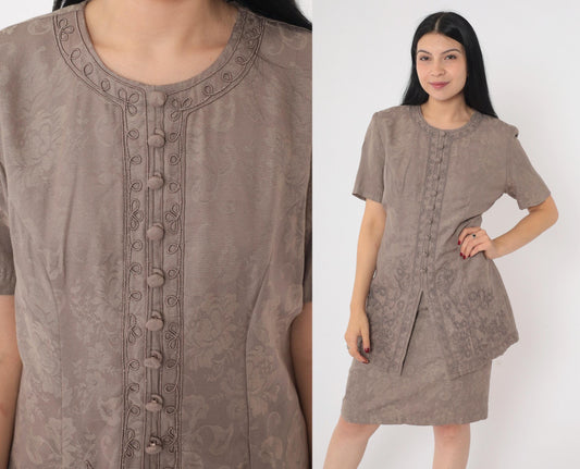 90s Brown Floral Soutache Sheath Dress Short Sleeve Knee-Length Small