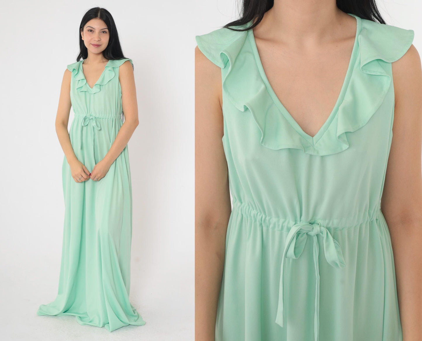70s Mint Green Maxi Dress Ruffled V-Neck Sleeveless Drawstring Waist Medium