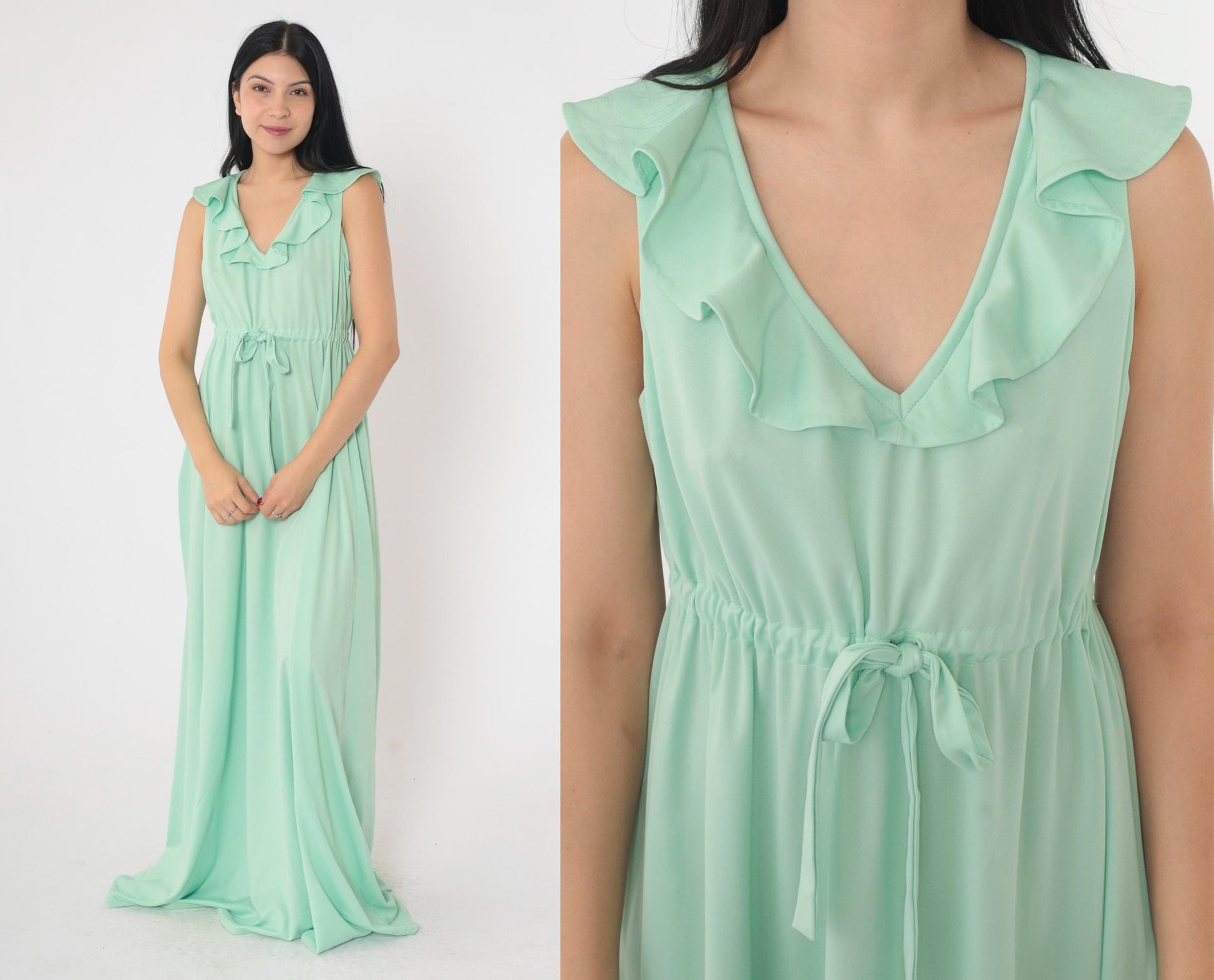 70s Mint Green Maxi Dress Ruffled V-Neck Sleeveless Drawstring Waist Medium