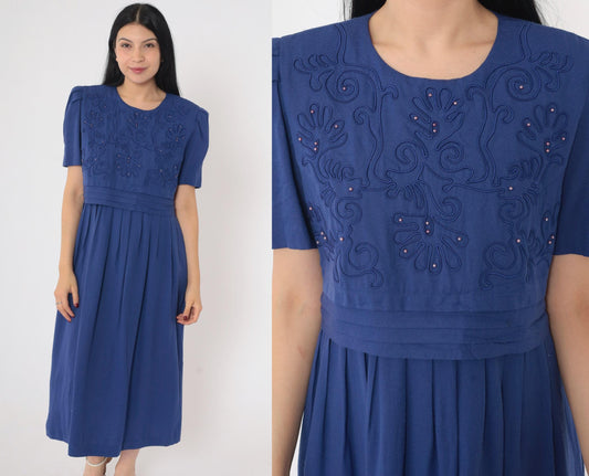 90s Karin Stevens Indigo Beaded Midi Dress Puff Sleeve High Waist Medium