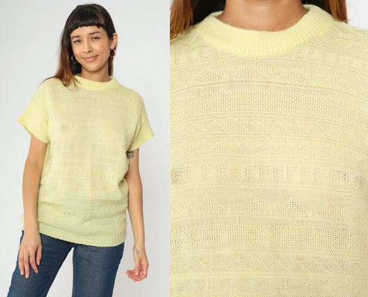 80s Light Yellow Textured Knit Short Sleeve Sweater Striped Zig Zag Medium