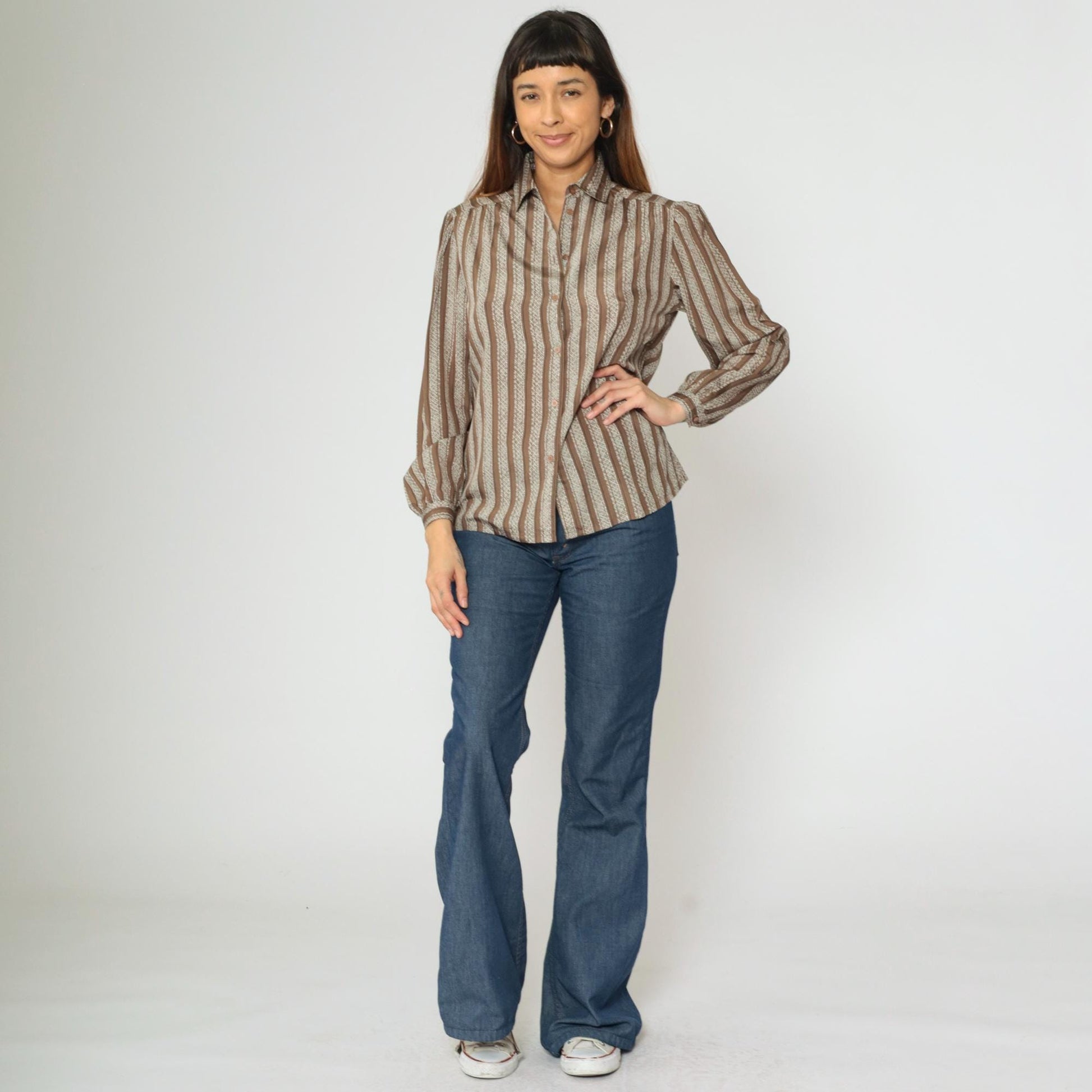 80s Brown & White Striped Puff Sleeve Blouse Collared Button Up Medium