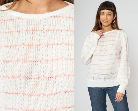 80s White Pink Striped Puff Sleeve Knit Sweater Boatneck Pullover Small Medium