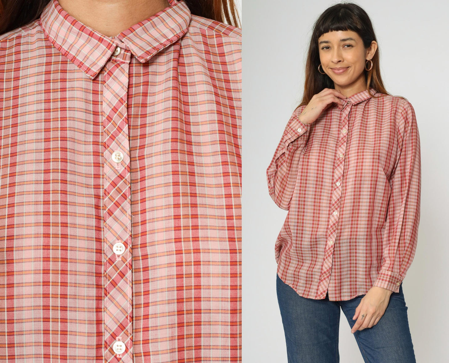 70s Pink Checkered Button-Up Blouse Long Sleeve Collar Sears Medium