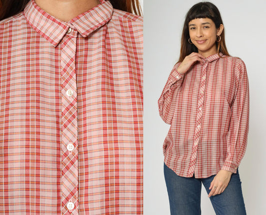 70s Pink Checkered Button-Up Blouse Long Sleeve Collar Sears Medium