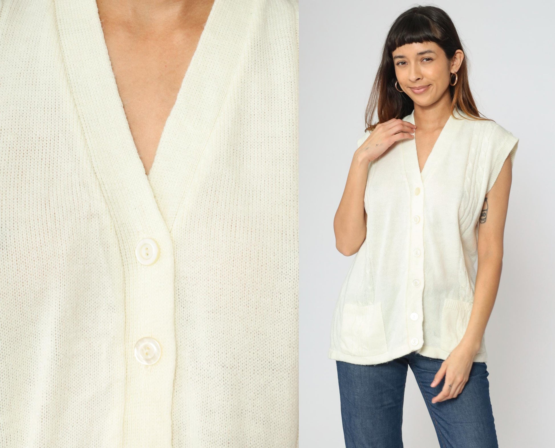 70s Cable Knit Vest Cream V-Neck Sleeveless Sweater Button-Up Large L