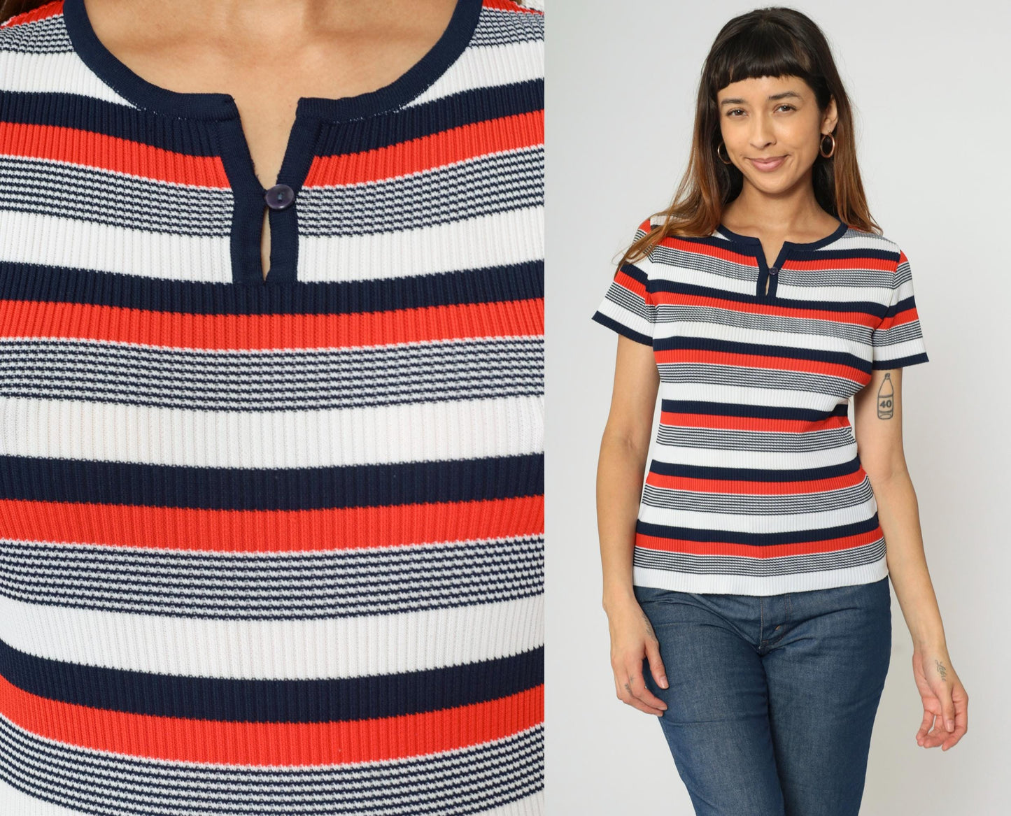 70s Striped Keyhole Neck Blouse Red White Navy Short Sleeve Small Medium