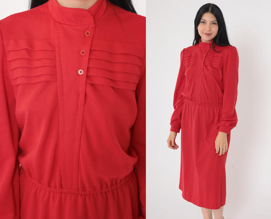 80s Red Button-Up Midi Dress High Neck Puff Sleeve Pleated Small