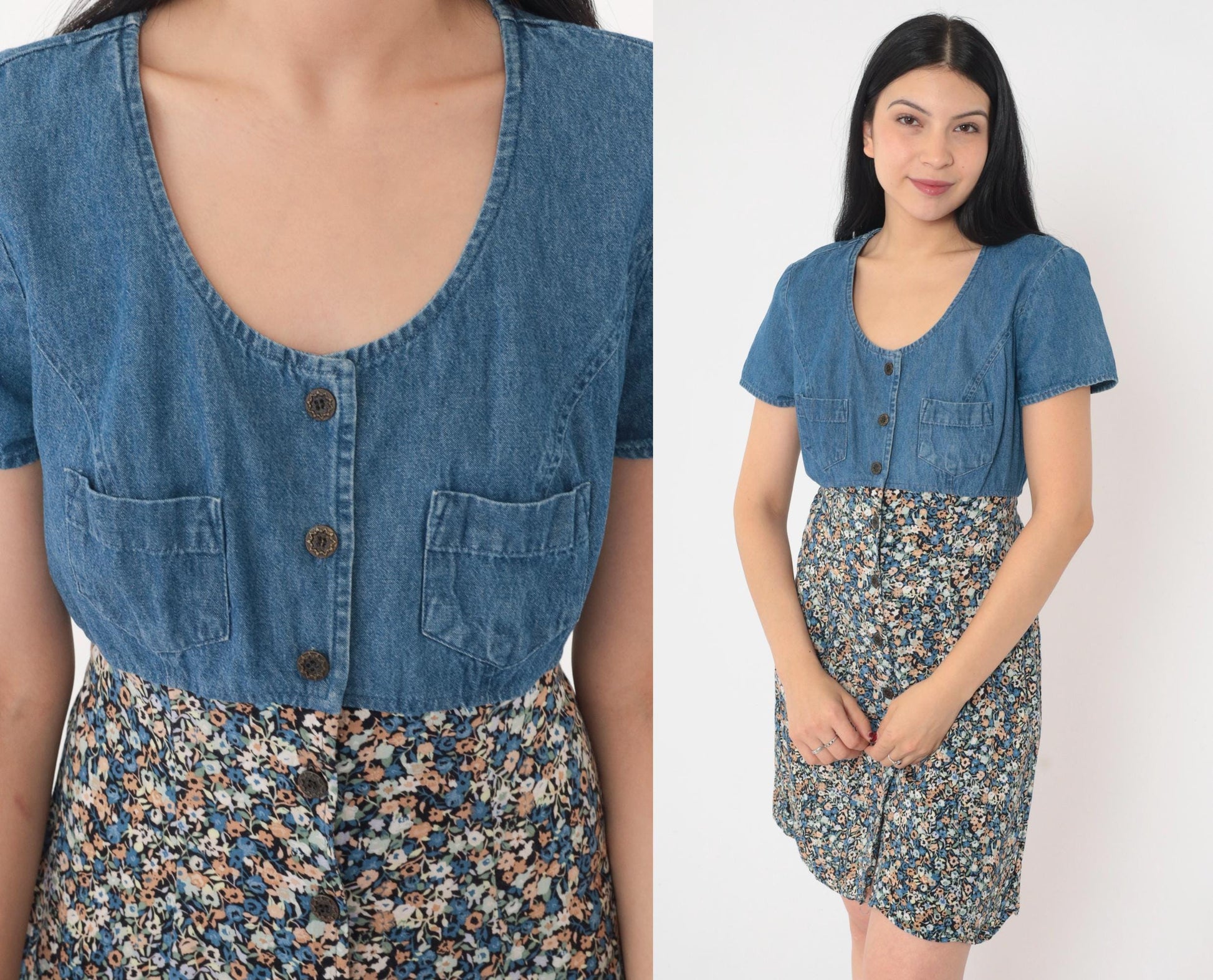 90s All That Jazz Floral Denim Mini Dress High Waist Button Up Blue Medium