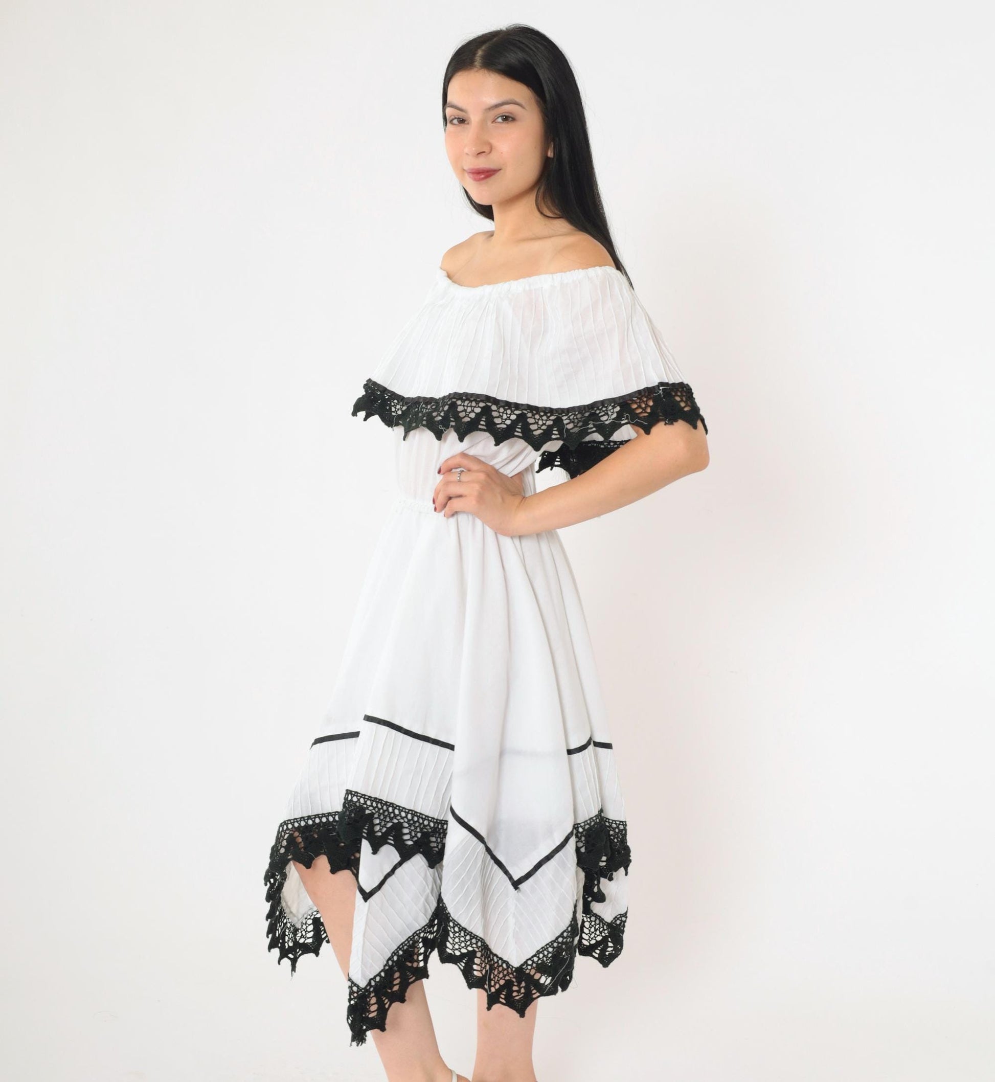80s White Peasant Dress Off-Shoulder Midi Black Lace Trim Scarf Hem Small
