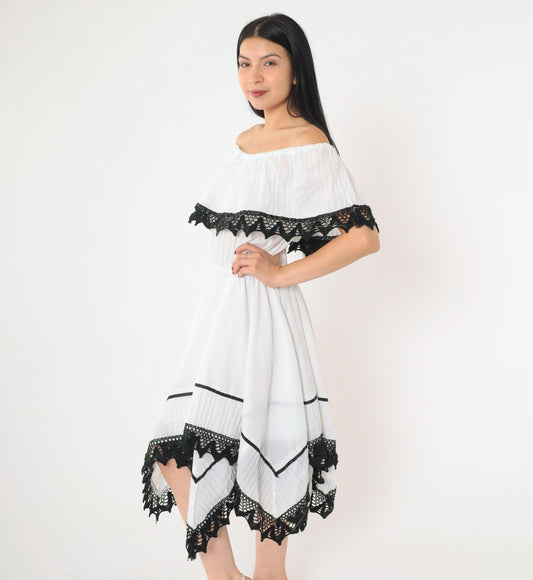 80s White Peasant Dress Off-Shoulder Midi Black Lace Trim Scarf Hem Small