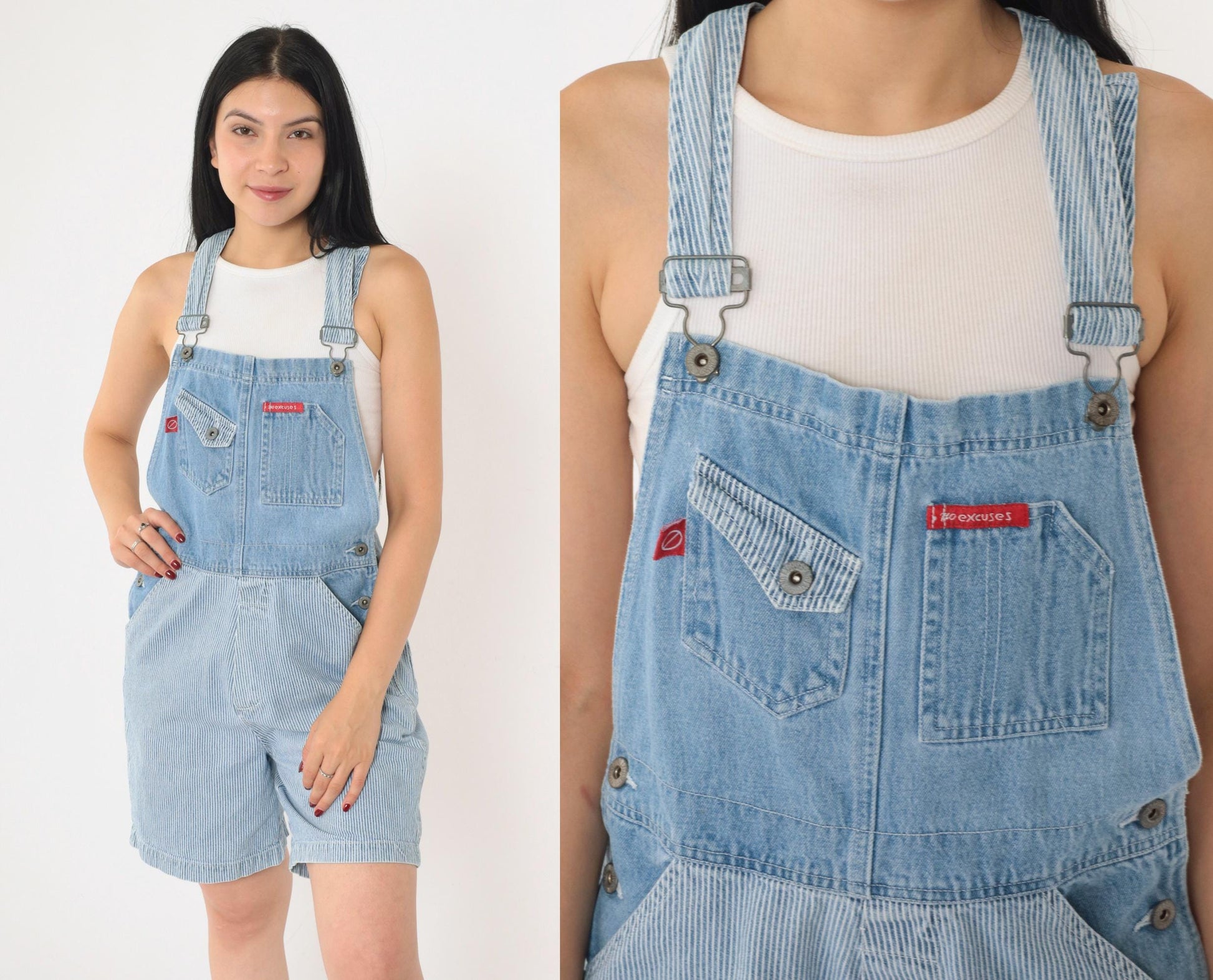 90s No Excuses Striped Denim Shortalls Blue White Hickory Bib Shorts Small