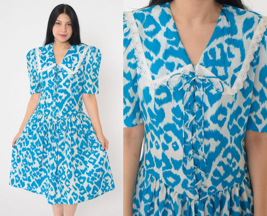 80s Blue Leopard Print Fit and Flare Midi Dress Sailor Collar Puff Sleeve Medium