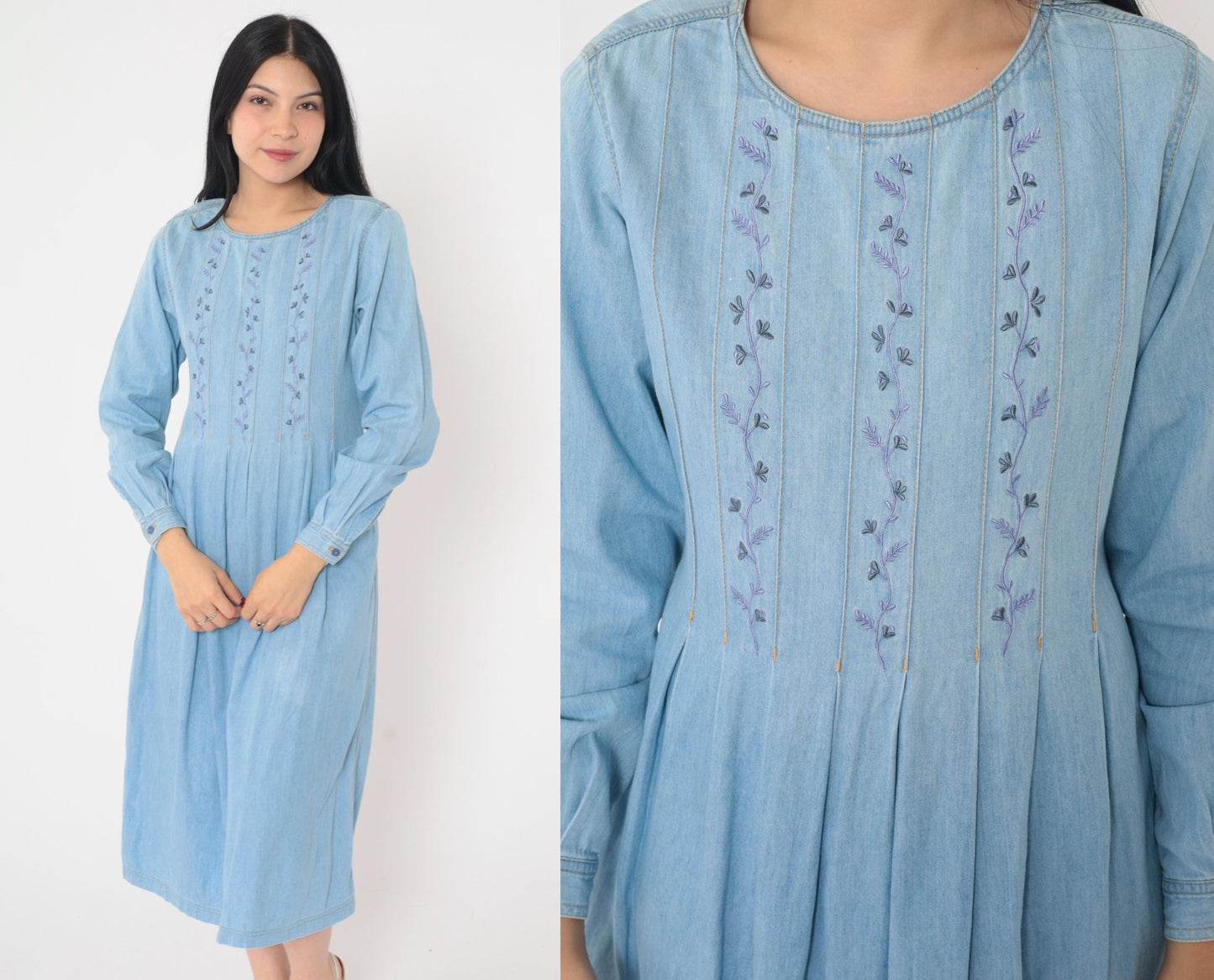 90s Lizwear Floral Embroidered Denim Midi Dress High Waist Pleated Small