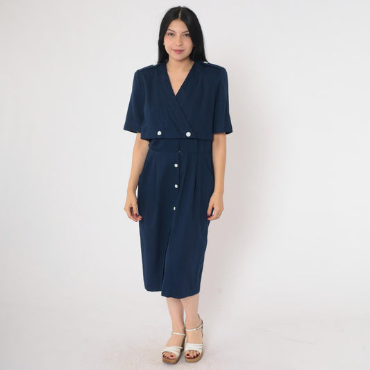 90s Navy Midi Shirt Dress High Waist Epaulette Button Up Medium