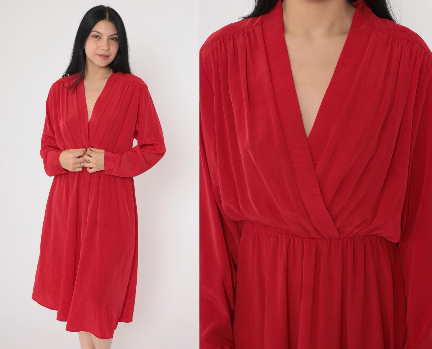 90s Red Wrap Midi Dress Deep V Neck High Waist Long Sleeve Medium