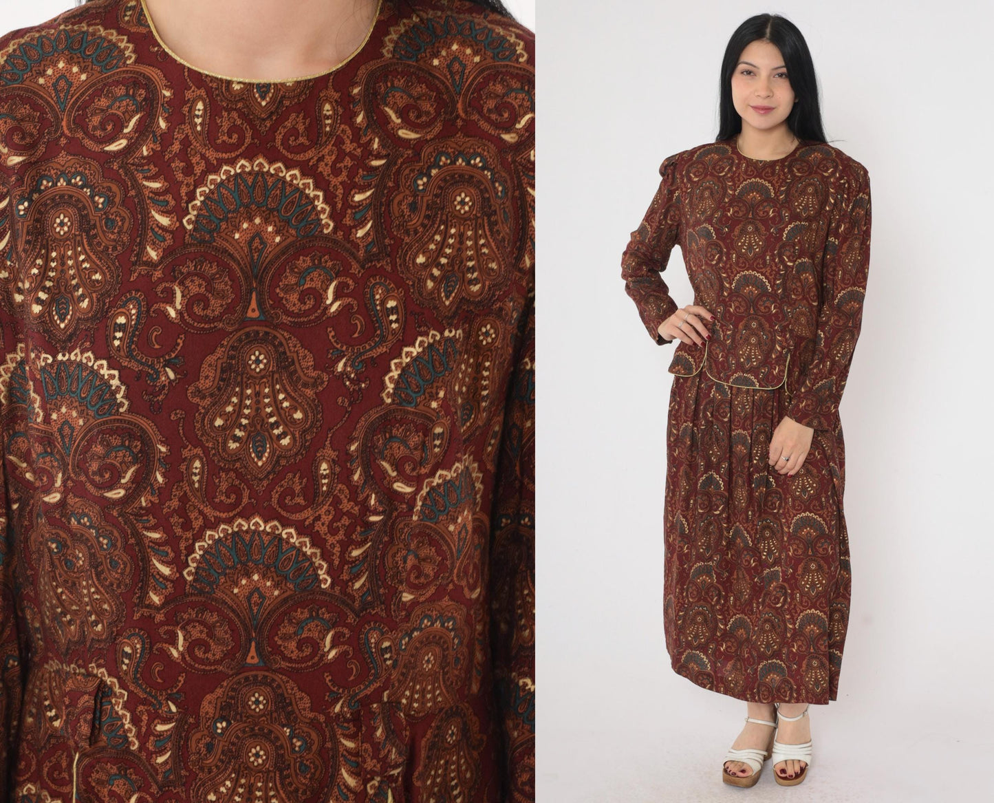 90s Maroon Paisley Midi Dress Gold Trim Puff Sleeve Button Back Medium
