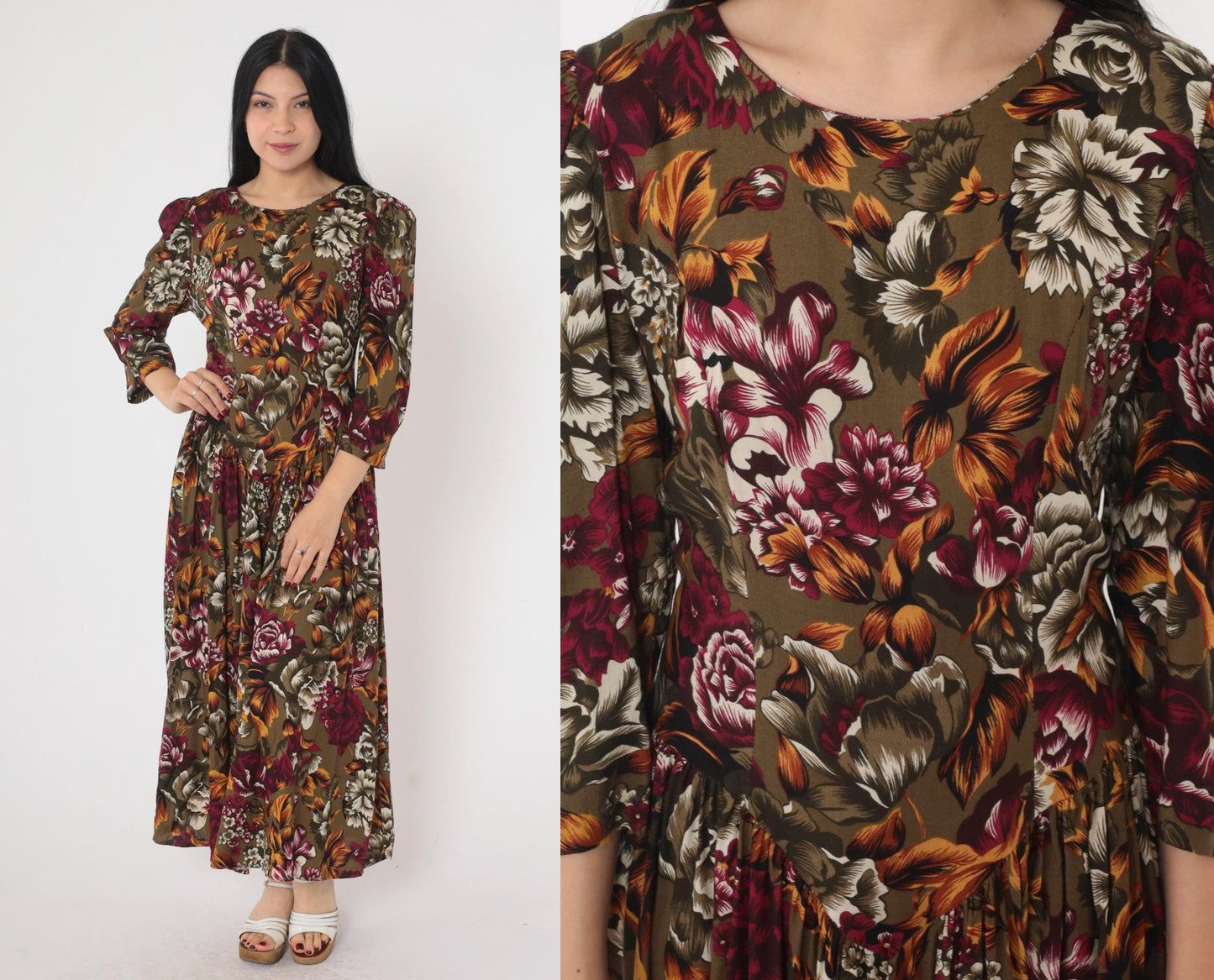 90s Olive Brown Floral Dress Puff Sleeve Basque Waist Ankle Length Medium