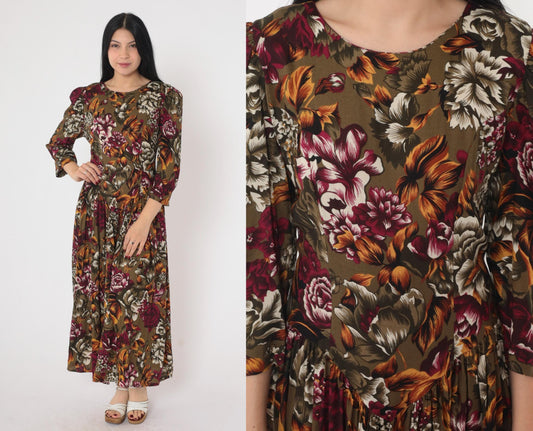 90s Olive Brown Floral Dress Puff Sleeve Basque Waist Ankle Length Medium