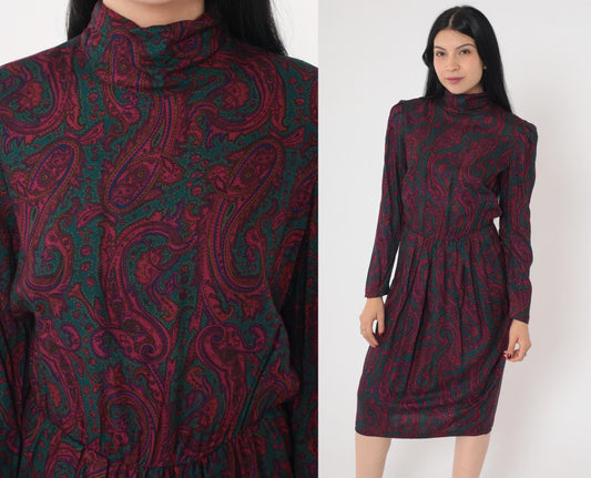 80s Paisley Midi Dress Mock Neck Puff Sleeve Pleated High Waist Small 6
