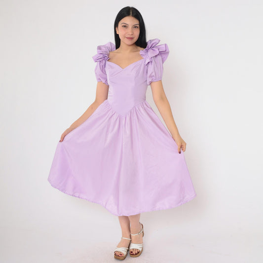 80s Lavender Puff Sleeve Ball Gown Sweetheart Neckline Basque Waist Small