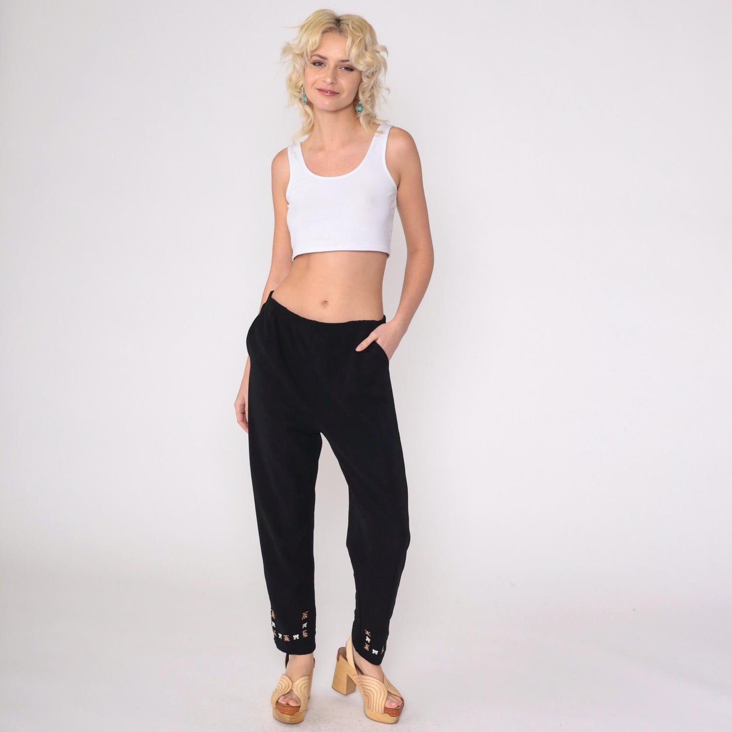 90s Black Tapered Pants Teddy Bears Bows High Waist Large L