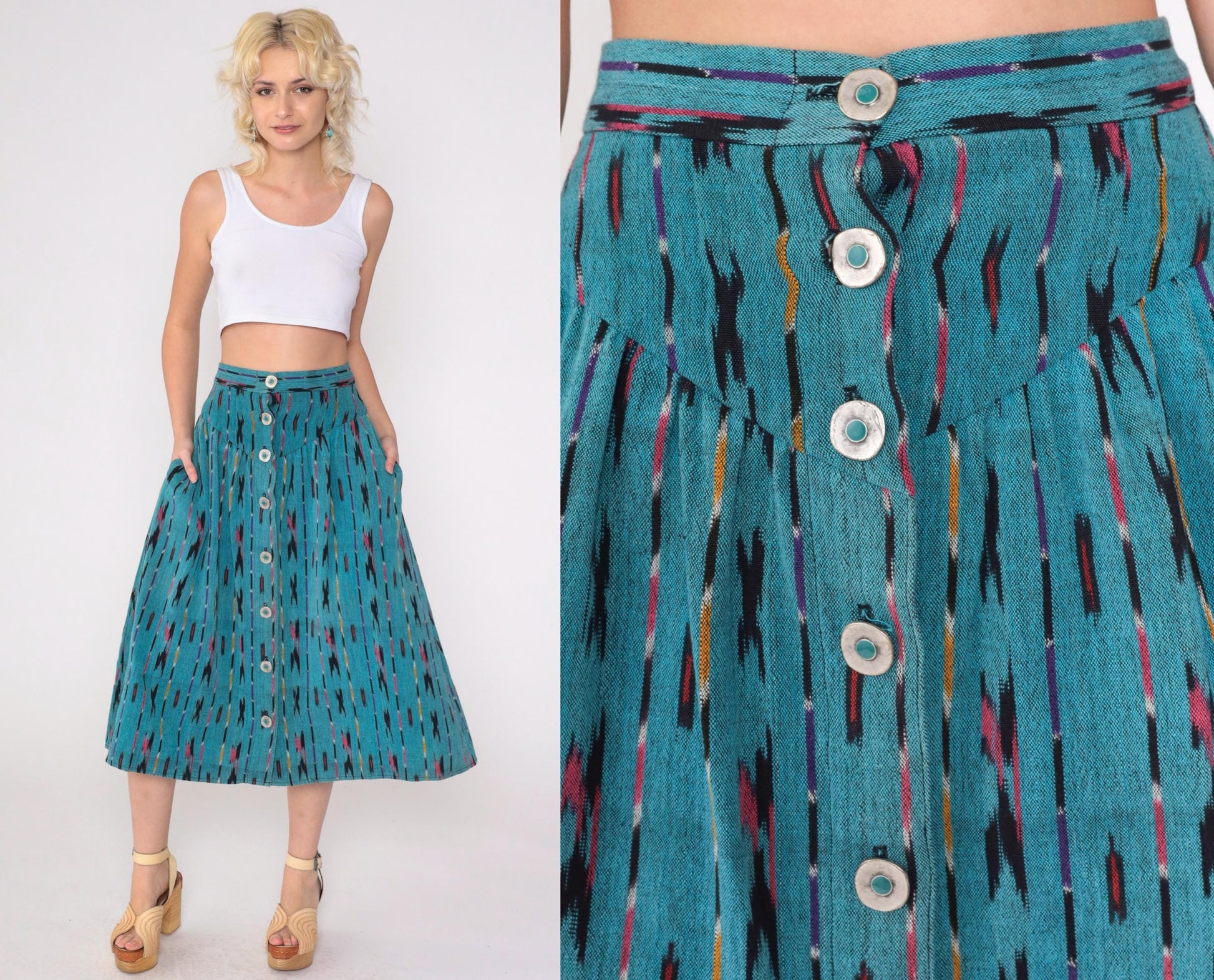 90s Teal Ikat Midi Skirt Button Front High Waist Southwestern Extra Small