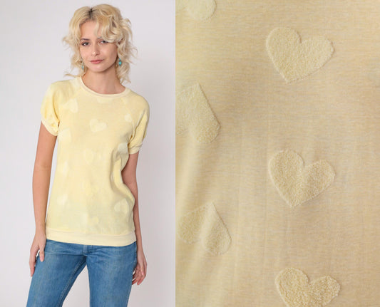 80s Terry Cloth Heart Shirt Light Yellow Raglan Crewneck XS