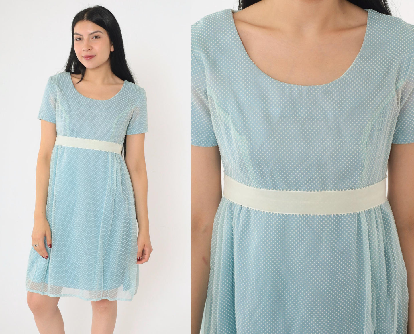 1970s Swiss Dot Babydoll Mini Dress Baby Blue Empire Waist Extra Small