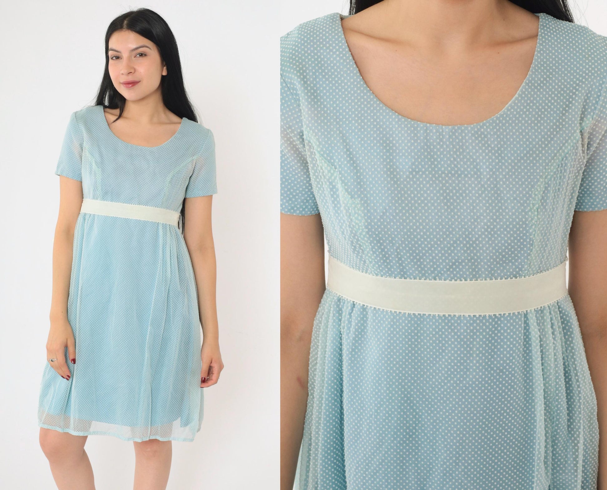 1970s Swiss Dot Babydoll Mini Dress Baby Blue Empire Waist Extra Small