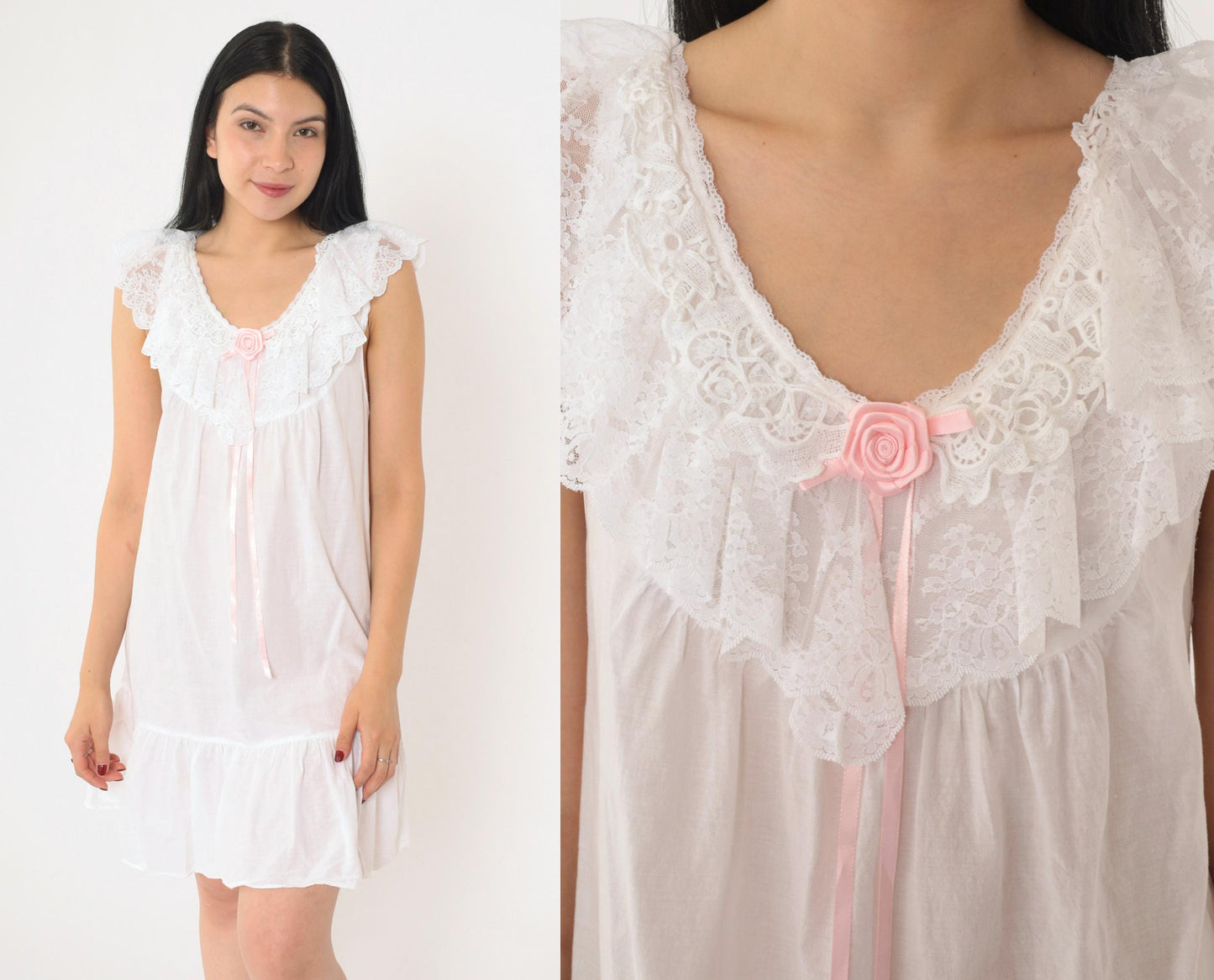 80s White Nightgown Pink Rose Lace Trim Sleeveless Babydoll Small