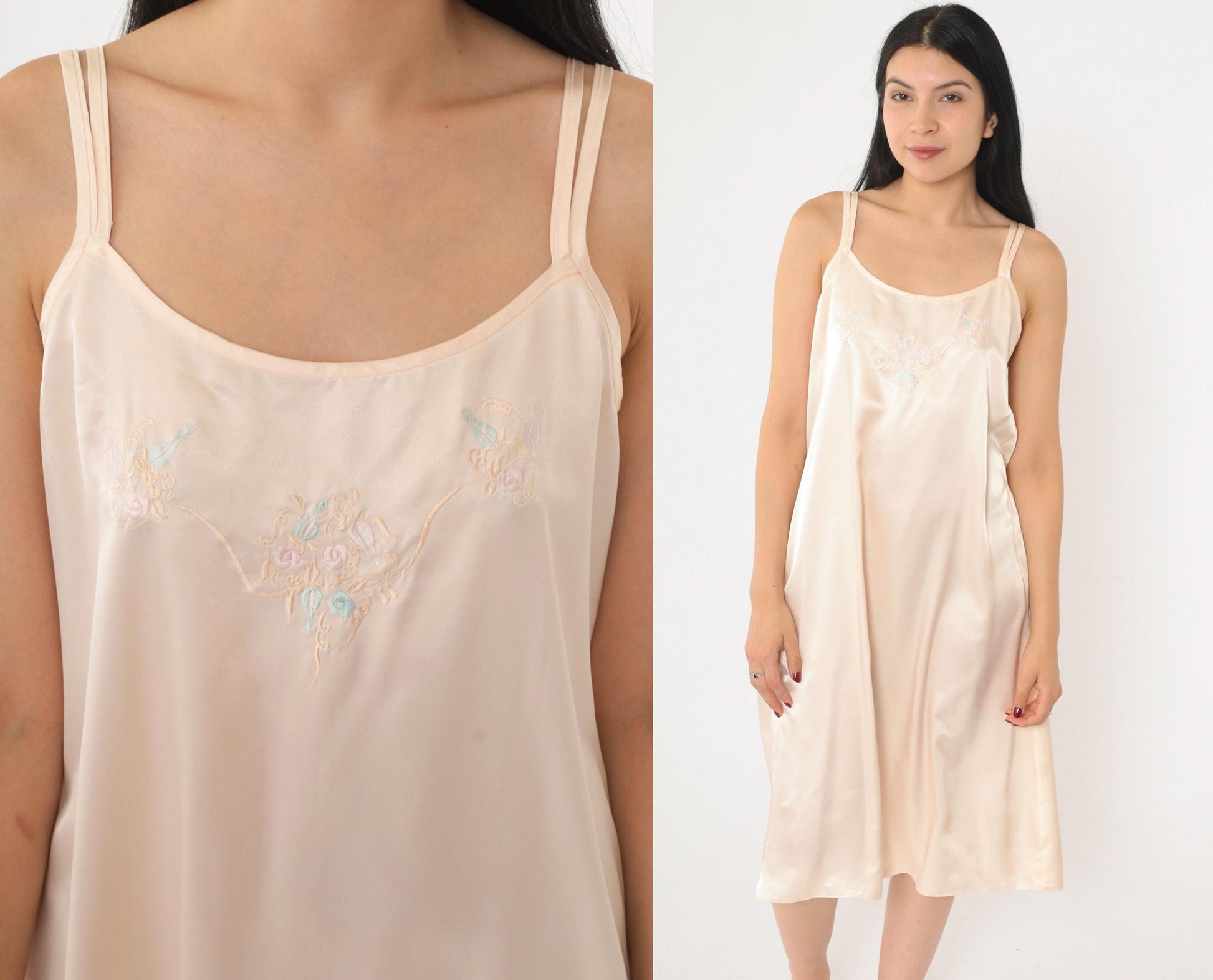 90s Floral Embroidered Slip Dress Pale Pink Satin Midi Chemise Medium