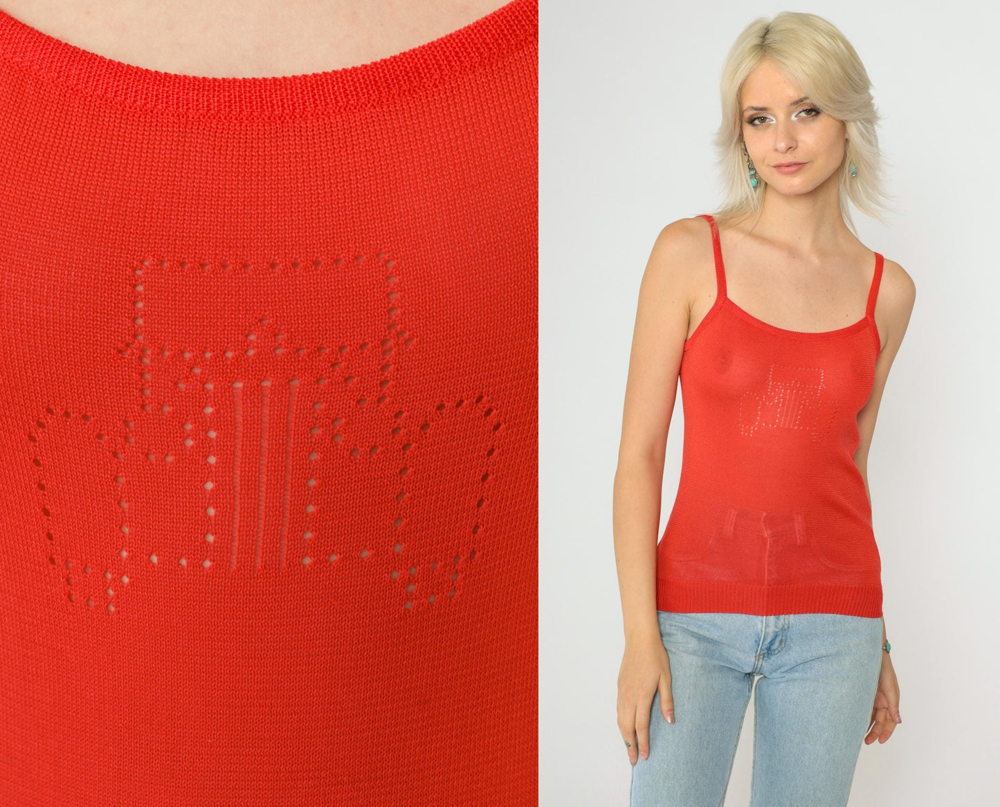 Y2K Red Knit Tank Top Antique Car Cutout Spaghetti Straps Extra Small