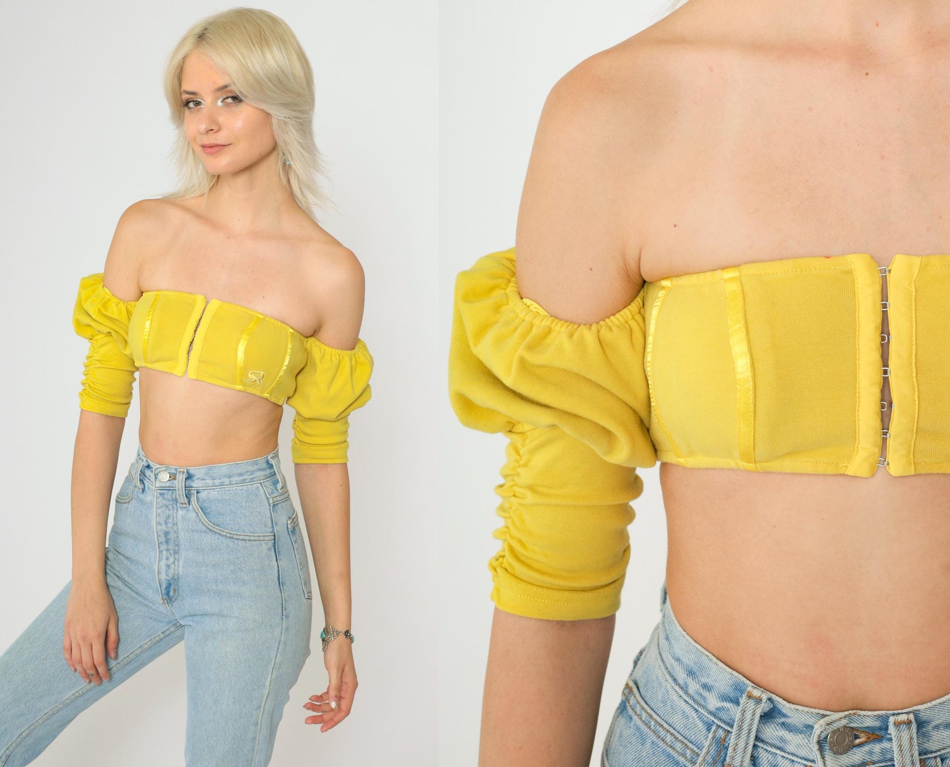 Y2K Yellow Off-Shoulder Crop Top Puff Sleeve Hook Front Extra Small