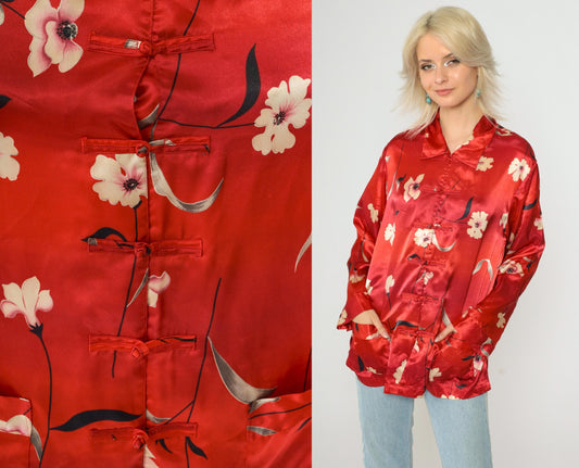 90s Neiman Marcus Red Floral Satin Blouse Frog Closures Ombre Medium