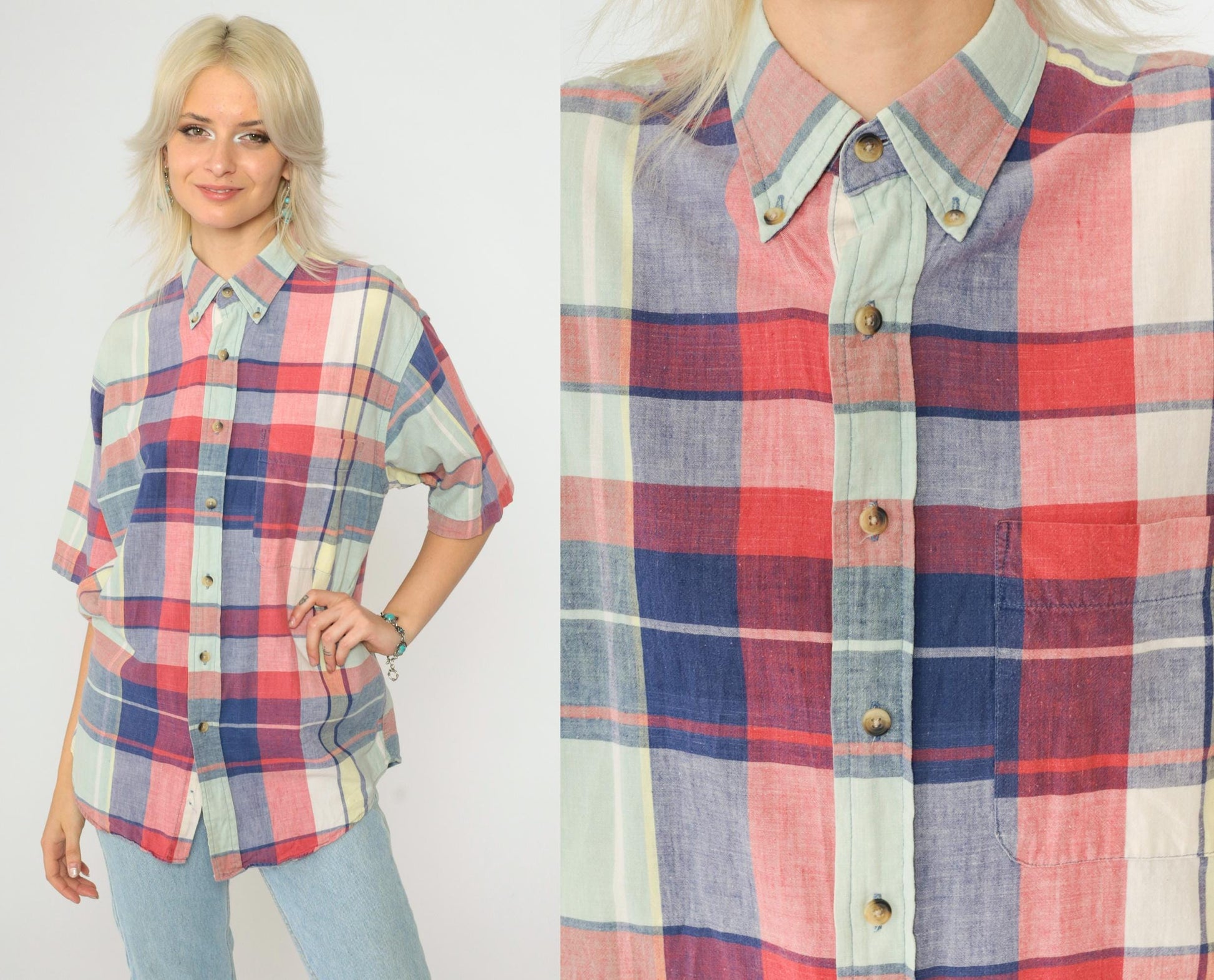 90s Lands End Plaid Button Up Shirt Blue Red Check Short Sleeve Medium