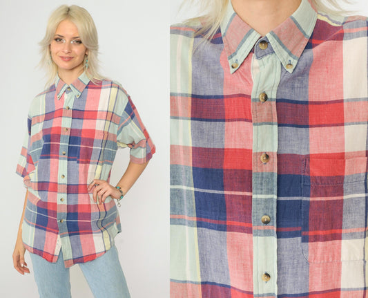 90s Lands End Plaid Button Up Shirt Blue Red Check Short Sleeve Medium