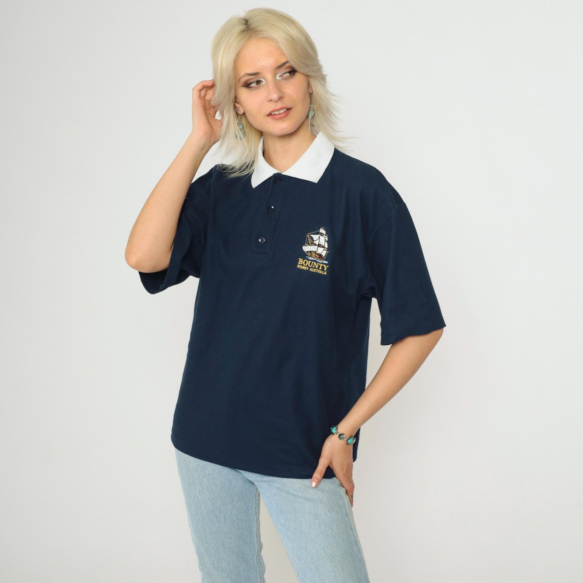 90s Bounty Cruises Sydney Polo Shirt Navy Blue Sailboat Graphic Medium