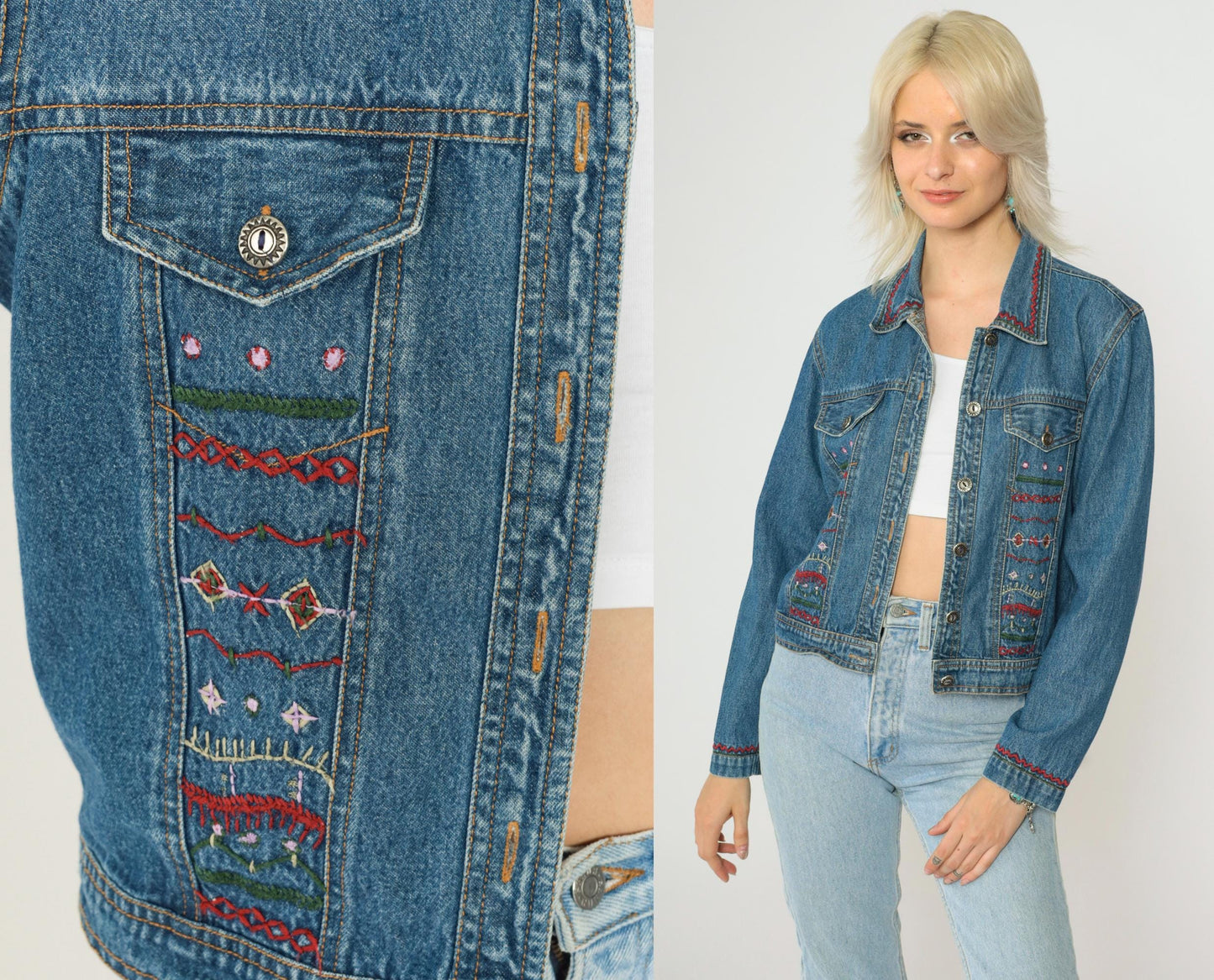 00s New Identity Denim Jacket Geometric Embroidery Blue Jean Jacket Small