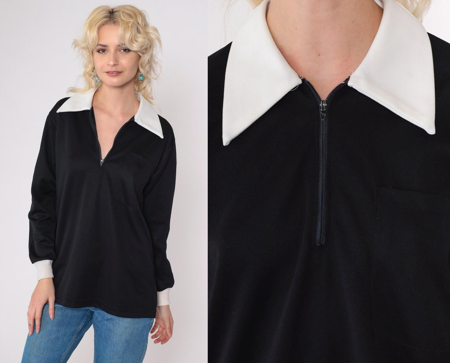 70s Black White Dagger Collar Zip Shirt Quarter Zipper Mod Top Medium