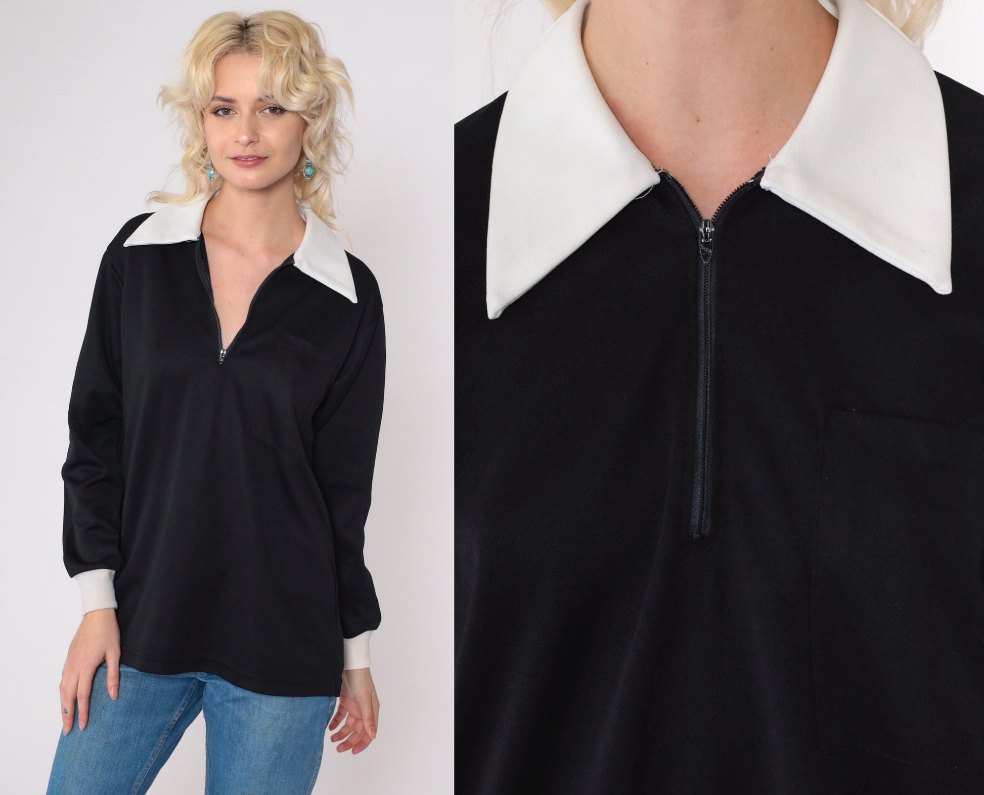 70s Black White Dagger Collar Zip Shirt Quarter Zipper Mod Top Medium
