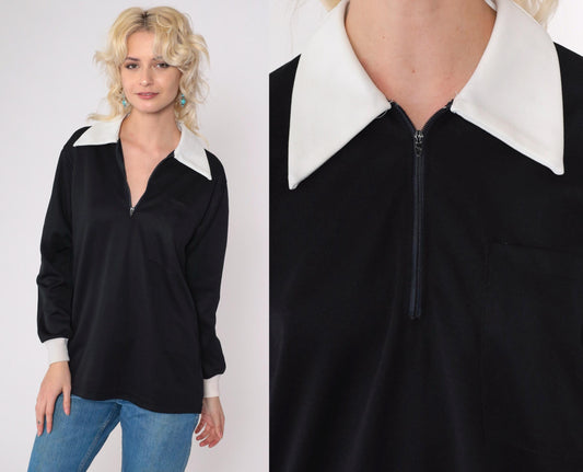 70s Black White Dagger Collar Zip Shirt Quarter Zipper Mod Top Medium