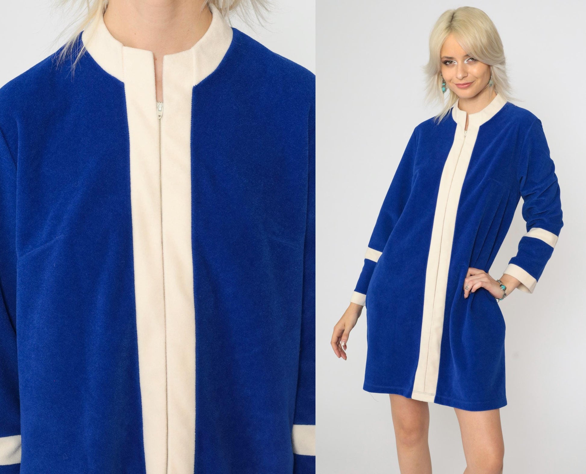 70s Vanity Fair Velour Robe Dress Royal Blue Stripe Mini Mandarin Collar Medium