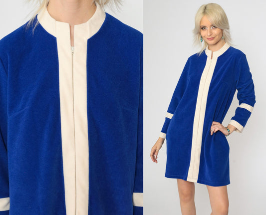 70s Vanity Fair Velour Robe Dress Royal Blue Stripe Mini Mandarin Collar Medium