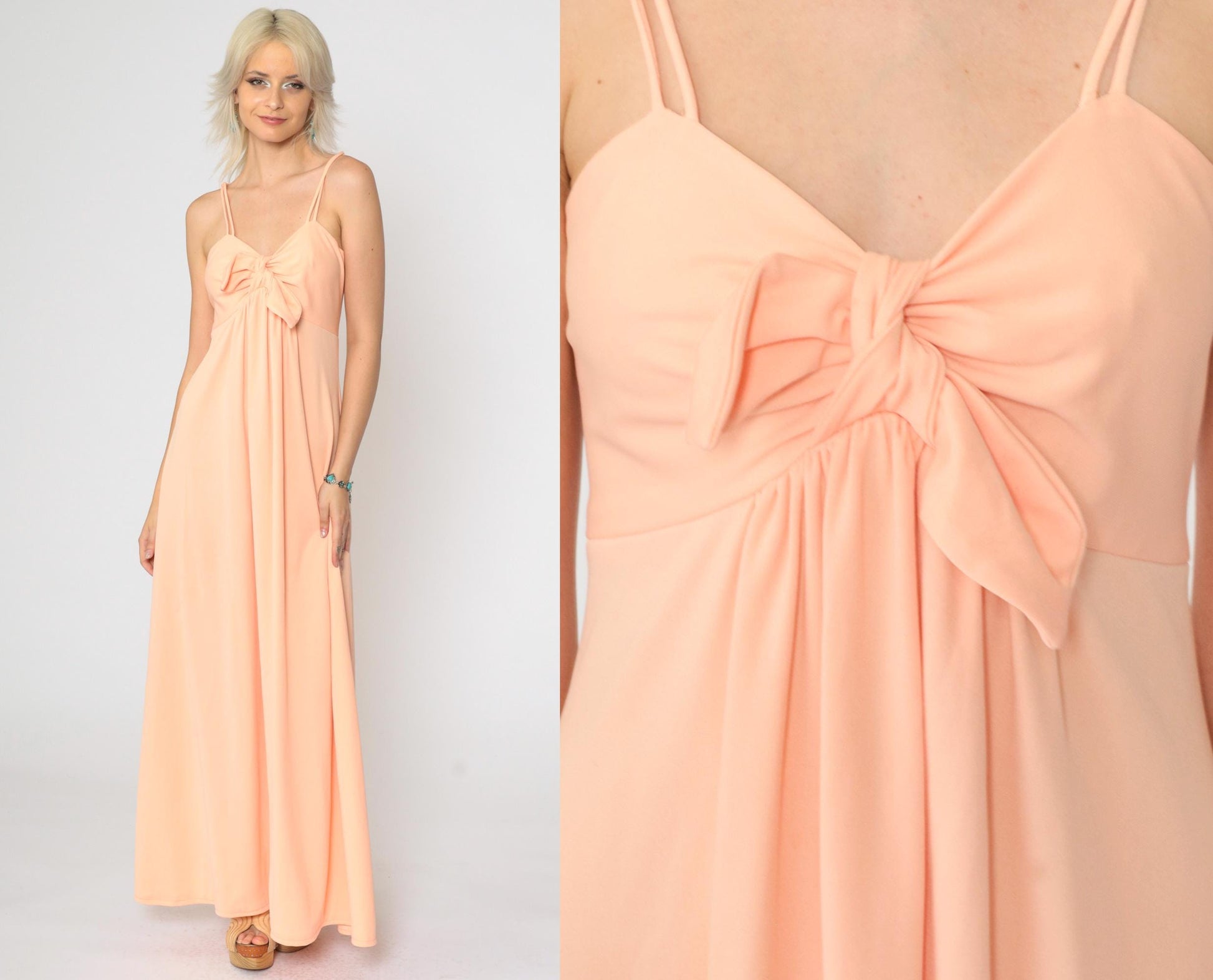 1970s Peach Grecian Maxi Dress Empire Waist Chest Tie Spaghetti Strap Small